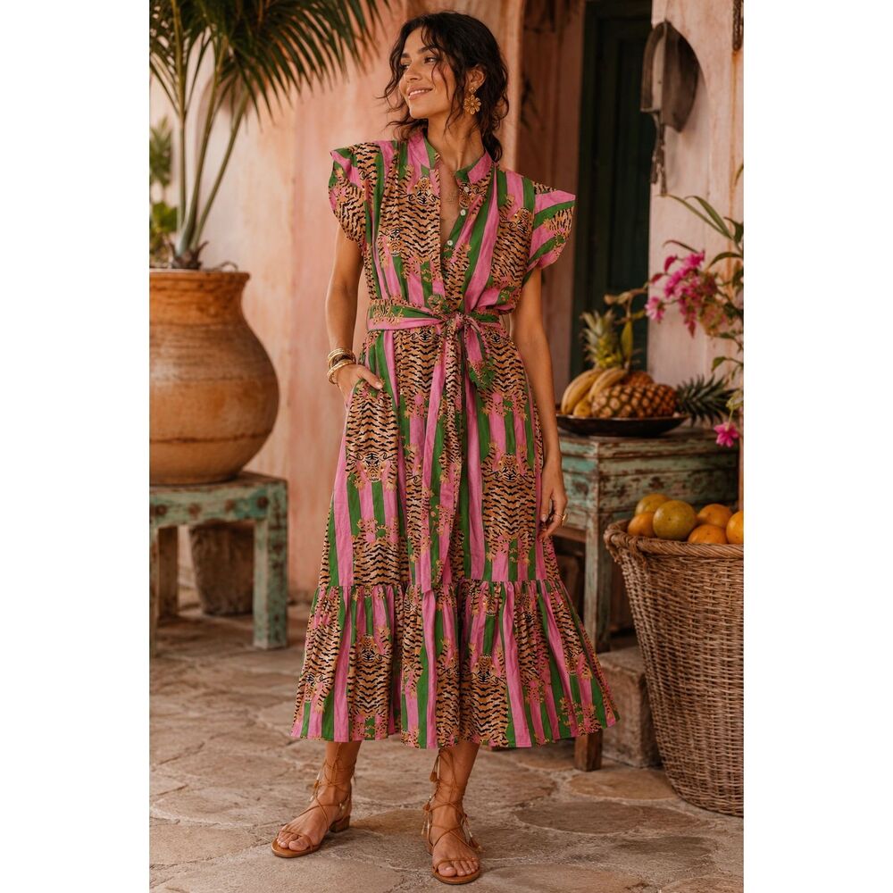 NWT Darlington Isle Tiger Stripe Midi Shirt Dress Pink Green Safari Print Belted